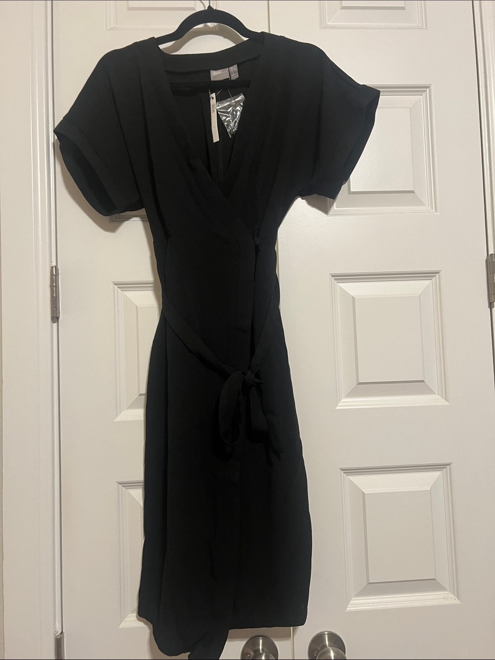 ASOS Black Wrap Midi Dress with Tie Waist